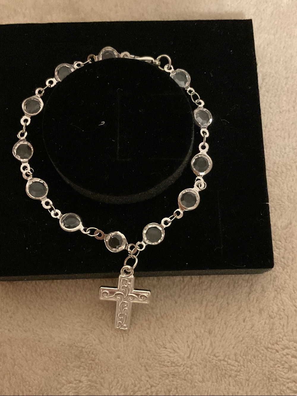 Silver Cross Charm Bracelet with Gray Gem Accents - Women Jewelry